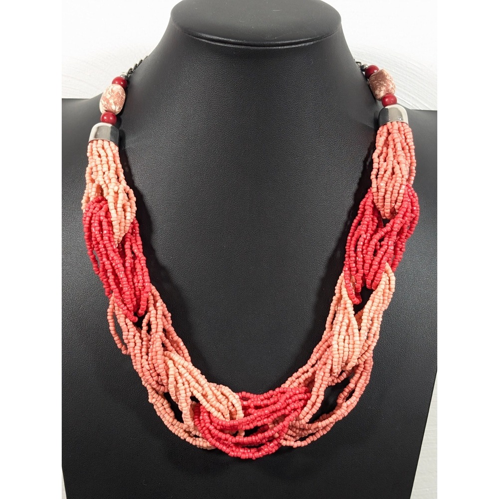 Pink Peach Red Multi Strand Necklace Layered Beaded Statement Bold 25"